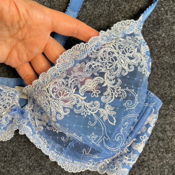 Soma Lamour Lace Plunge Bra 36C Blue White Floral Lace Mesh Underwire Embroidery - Picture 4 of 7